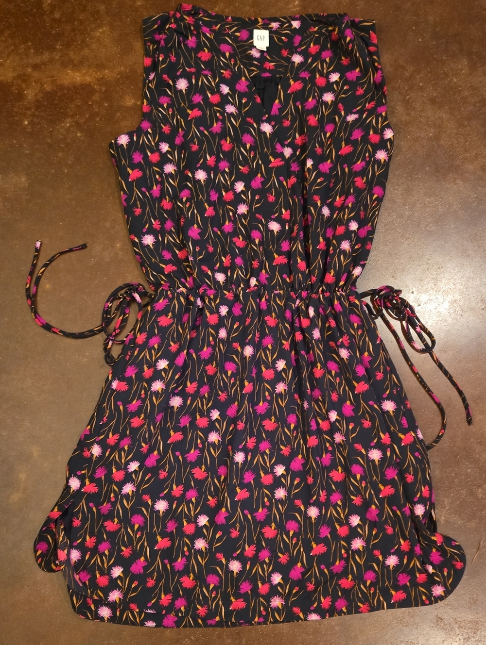 GAP Navy Sleeveless Floral Drawstring Dress with Pink & Purple Blooms